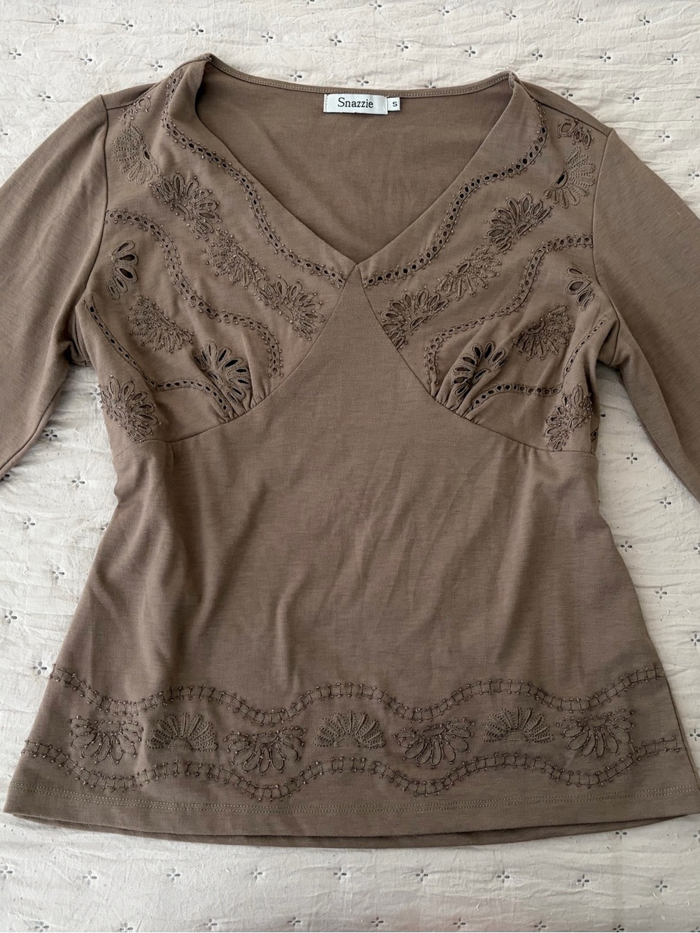 Y2K Earthy Taupe Embroidered Long Sleeve Top
